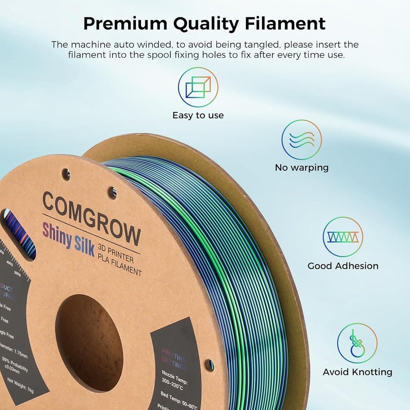 Comgrow Tri-Colors Silk PLA 3D Printer Filament, Rainbow PLA Filament 1.75mm, Dimensional Accuracy +/- 0.02 mm, 1KG Spool, Coextrusion 3D Filament with Shiny Silk Blue-Green-Orange - Image 4